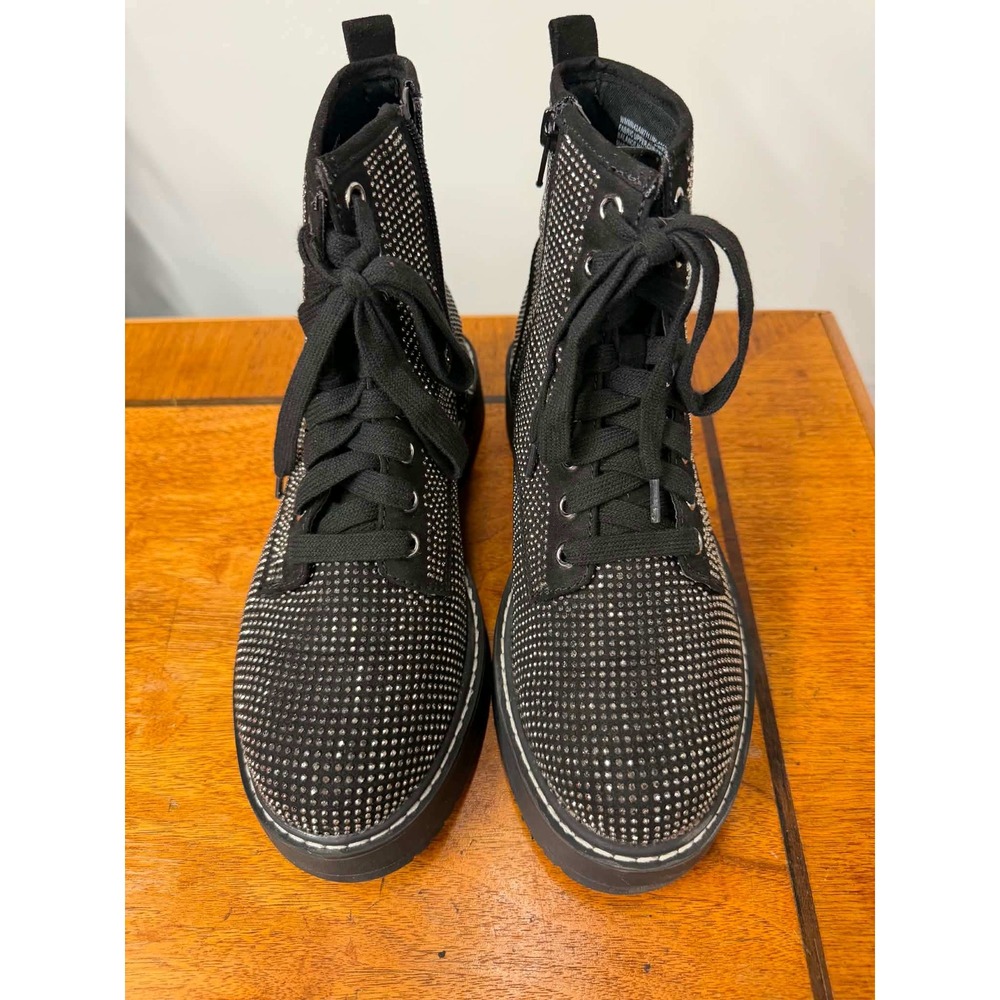 Madden NYC Womens Size 7 Black Rhinestone Combat Boots Platform Lace Up Side Zip
